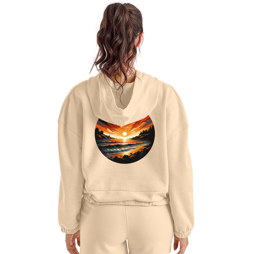 Women’s Beach Sunset Graphic Cropped Hoodie with Logo - nude