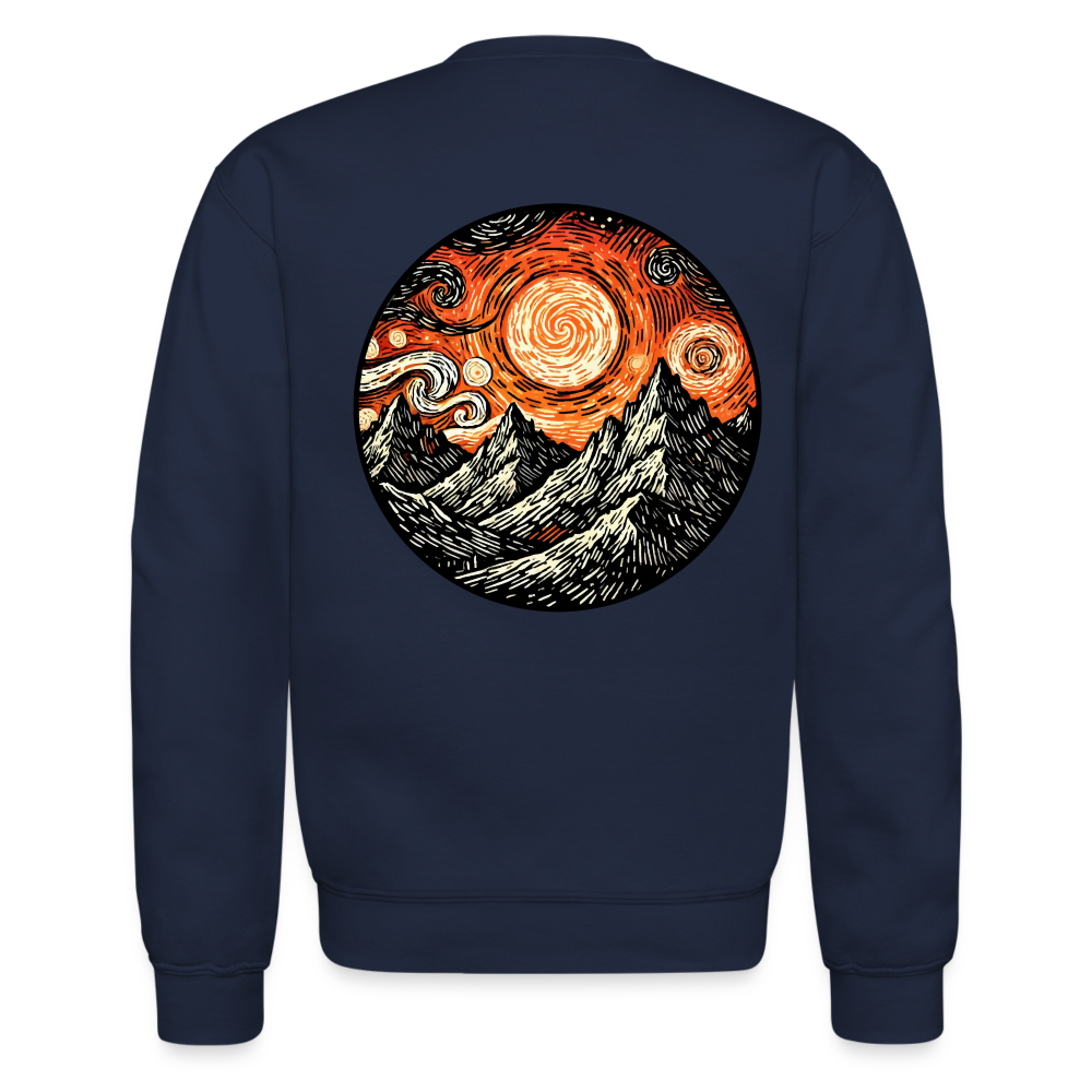 Orange Swirling Mountains Graphic Crewneck Sweatshirt with Logo - navy