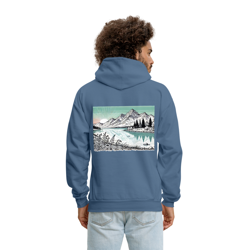 Men's Colored Mountain Lake Landscape Graphic Hoodie with Logo - denim blue