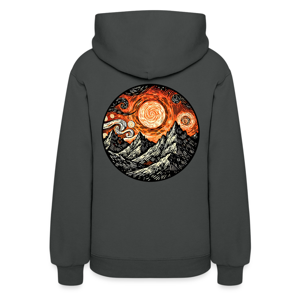 Women's Orange Swirling Mountains Graphic Hoodie with Logo - asphalt