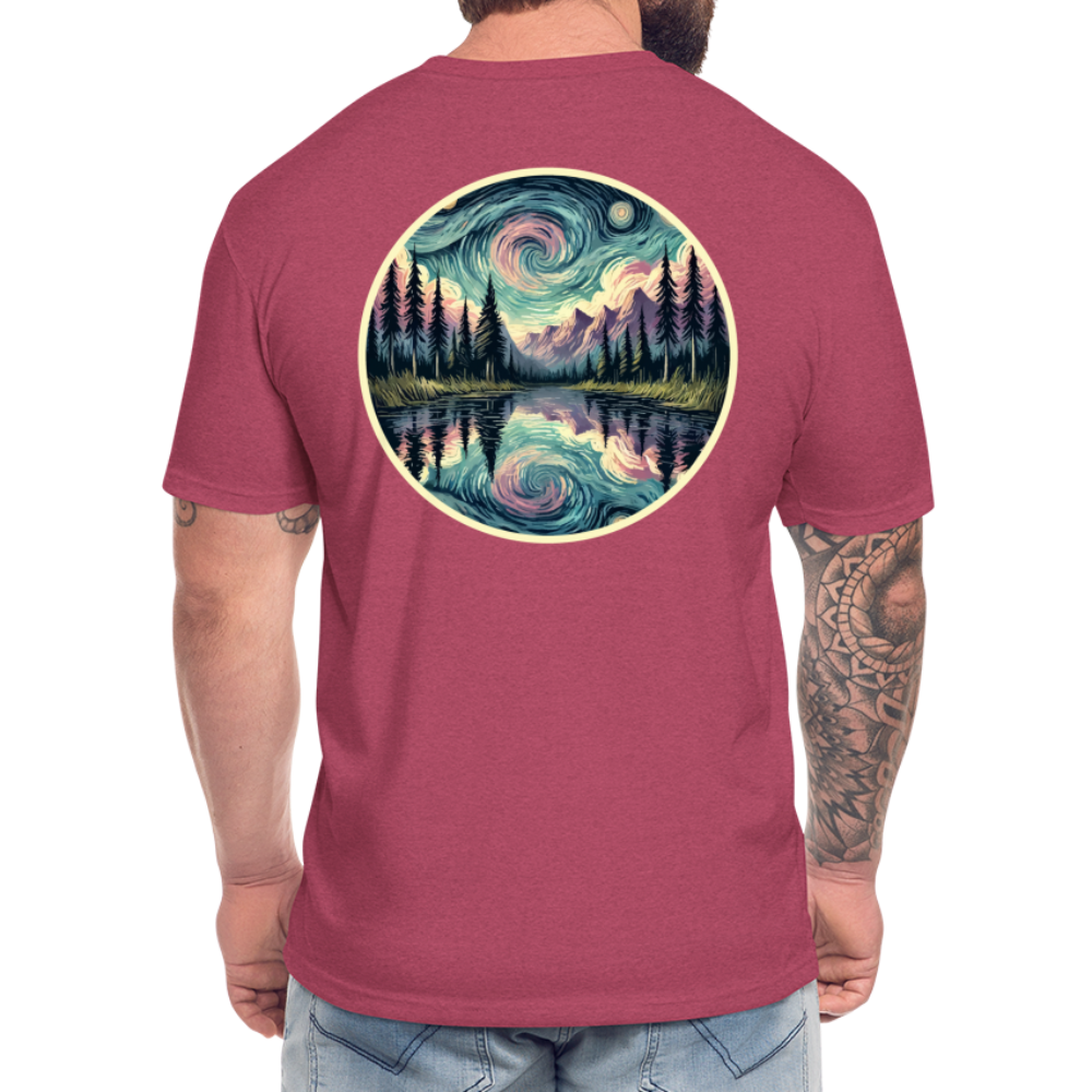 Purple Swirling Sky Reflected on Lake Graphic Unisex Fitted Cotton/Poly T-Shirt with Logo - heather burgundy