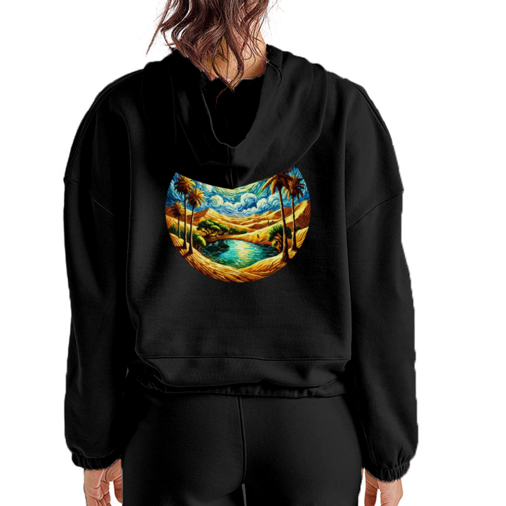 Women’s Desert Oasis Graphic Cropped Hoodie with Logo - black