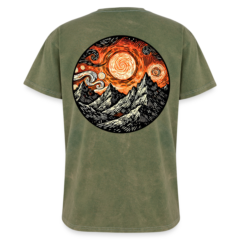 Orange Swirling Mountains Graphic Unisex Mineral Wash T-shirt with Logo - mineral green