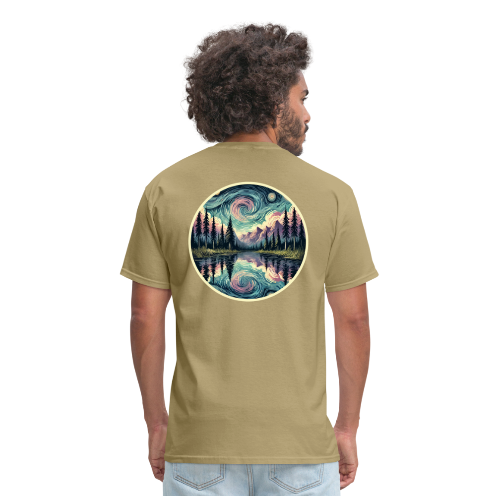 Purple Swirling Sky Reflected on Lake Graphic Unisex Classic T-Shirt with Logo - khaki