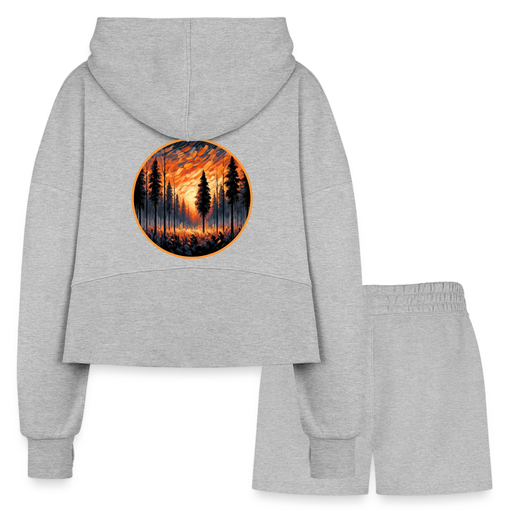 Women’s Orange Forest Sunset Graphic Half Zip Cropped Hoodie & Jogger Short Set with Logo - heather gray