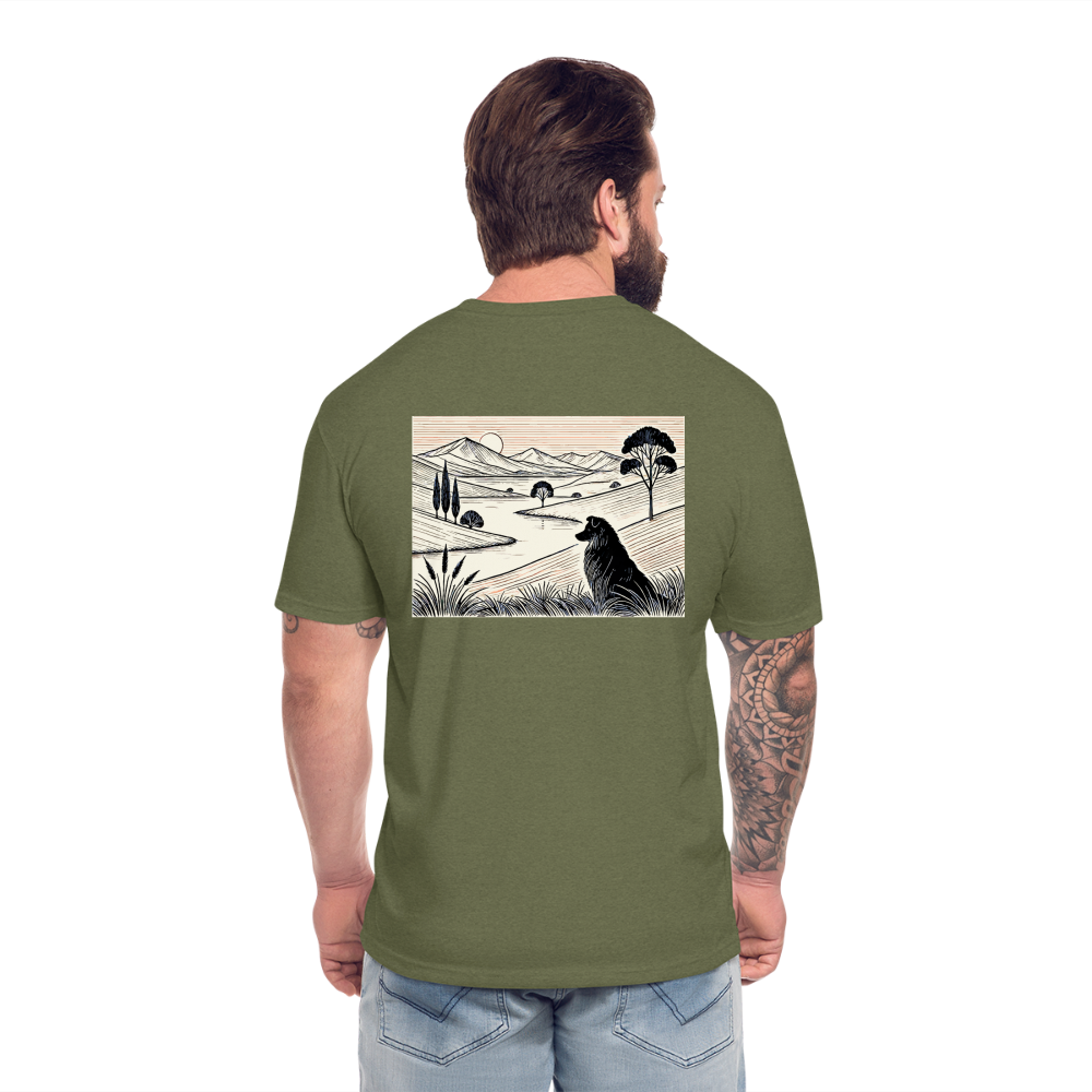 Australian Shepherd Prairie Graphic Unisex Fitted Cotton/Poly T-Shirt with Logo - heather military green