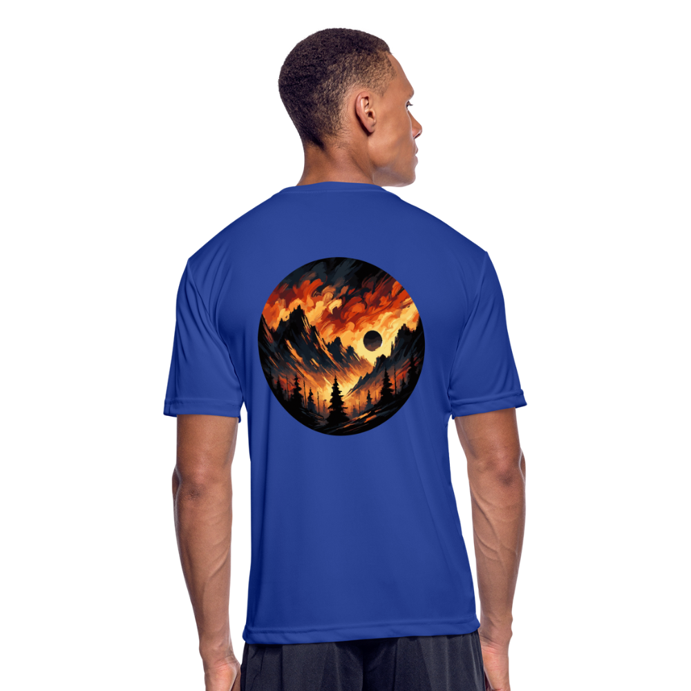 Men’s Brushed Orange and Black Mountain Range Graphic Moisture Wicking Performance T-Shirt with Logo - royal blue