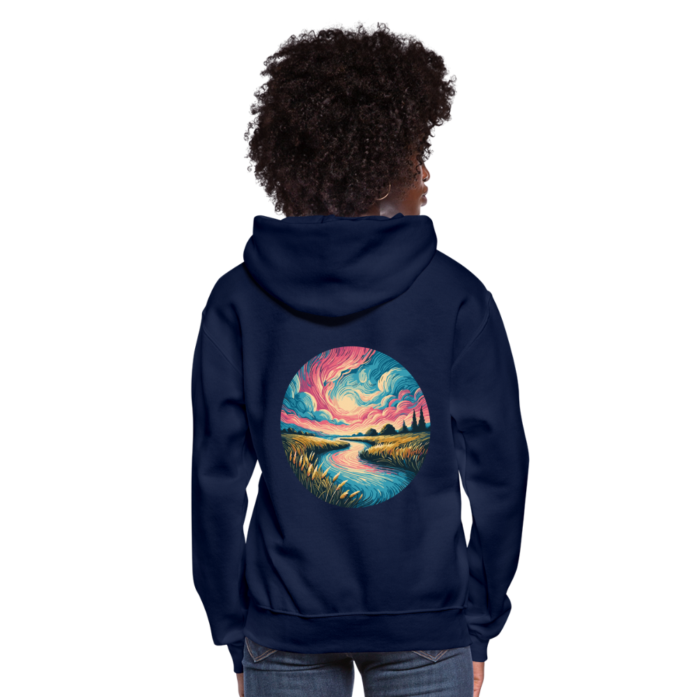 Women's River Pink and Blue Sky Graphic Hoodie with Logo - navy