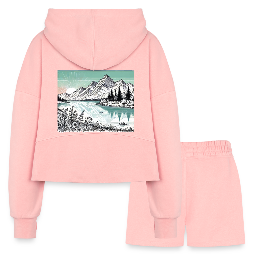 Women’s Colored Mountain Lake Landscape Graphic Half Zip Cropped Hoodie & Jogger Short Set with Logo - light pink