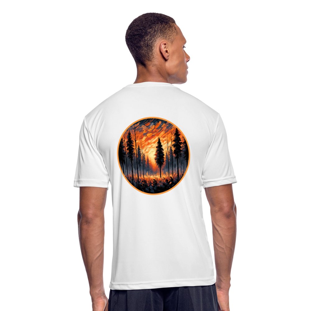 Men’s Orange Forest Sunset Graphic Moisture Wicking Performance T-Shirt with Logo - white