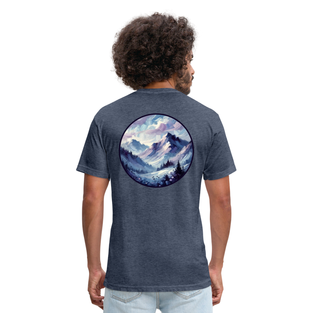 Lavender Blue Mountain Range Graphic Unisex Fitted Cotton/Poly T-Shirt with Logo - heather navy