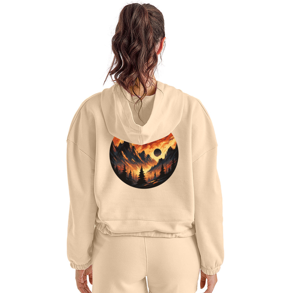 Women’s Brushed Orange and Black Mountain Range Graphic Cropped Hoodie with Logo - nude