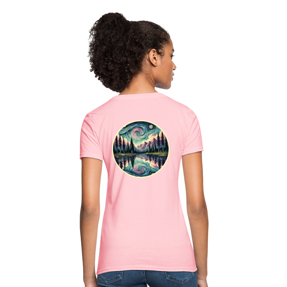 Women's Purple Swirling Sky Reflected on Lake Graphic T-Shirt with Logo - pink