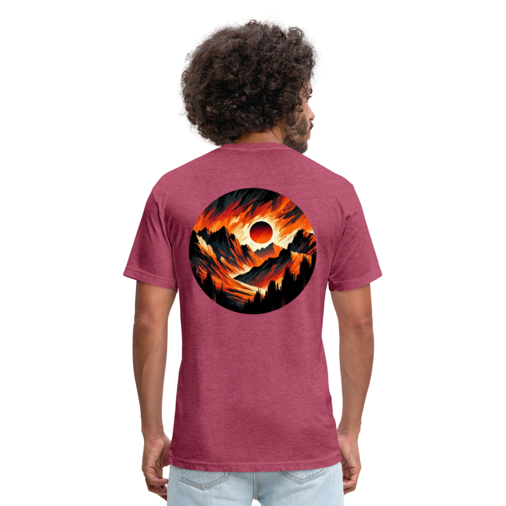 Orange and Black Mountain Range Graphic Unisex Fitted Cotton/Poly T-Shirt with Logo - heather burgundy