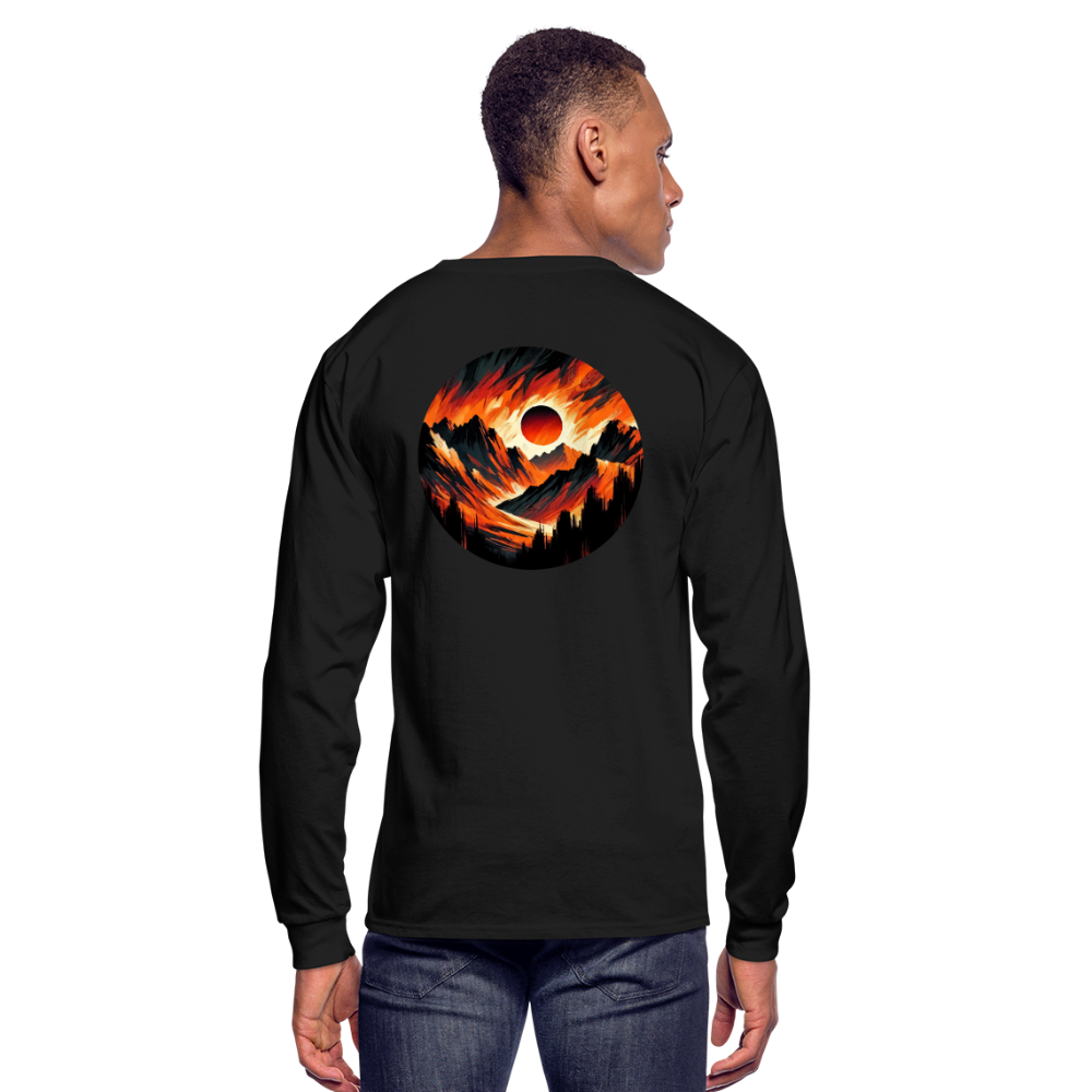 Men's Orange and Black Mountain Range Graphic Long Sleeve Shirt with Logo - black