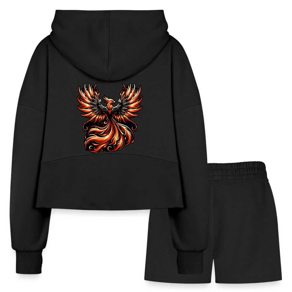 Women’s Phoenix Graphic Half Zip Cropped Hoodie & Jogger Short Set with Logo - black