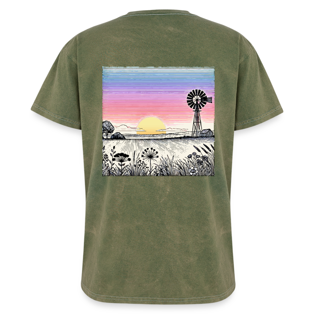 Colored Prairie Landscape Graphic Unisex Mineral Wash T-shirt with Logo - mineral green