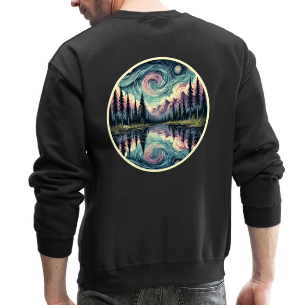 Purple Swirling Sky Reflected on Lake Graphic Crewneck Sweatshirt with Logo - black