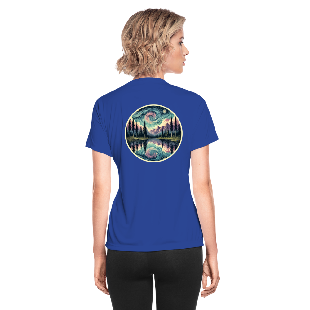 Women's Purple Swirling Sky Reflected on Lake Graphic Moisture Wicking Performance T-Shirt with Logo - royal blue