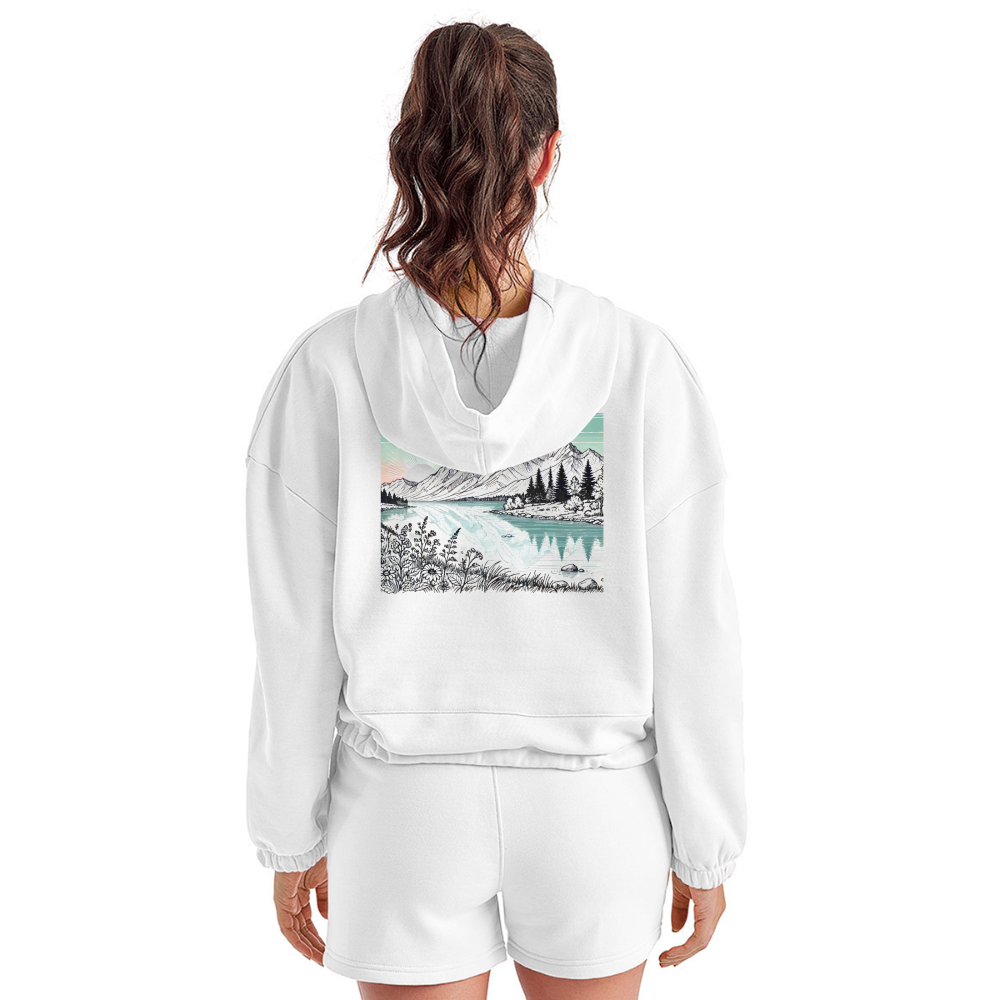 Women’s Colored Mountain Lake Landscape Graphic Cropped Hoodie with Logo - white