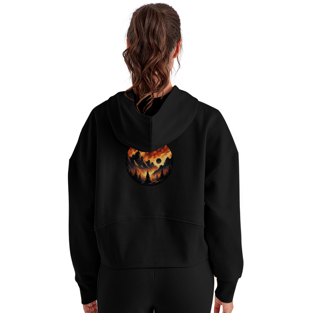 Women's Brushed Orange and Black Mountain Range Graphic Half Zip Cropped Hoodie with Logo - black