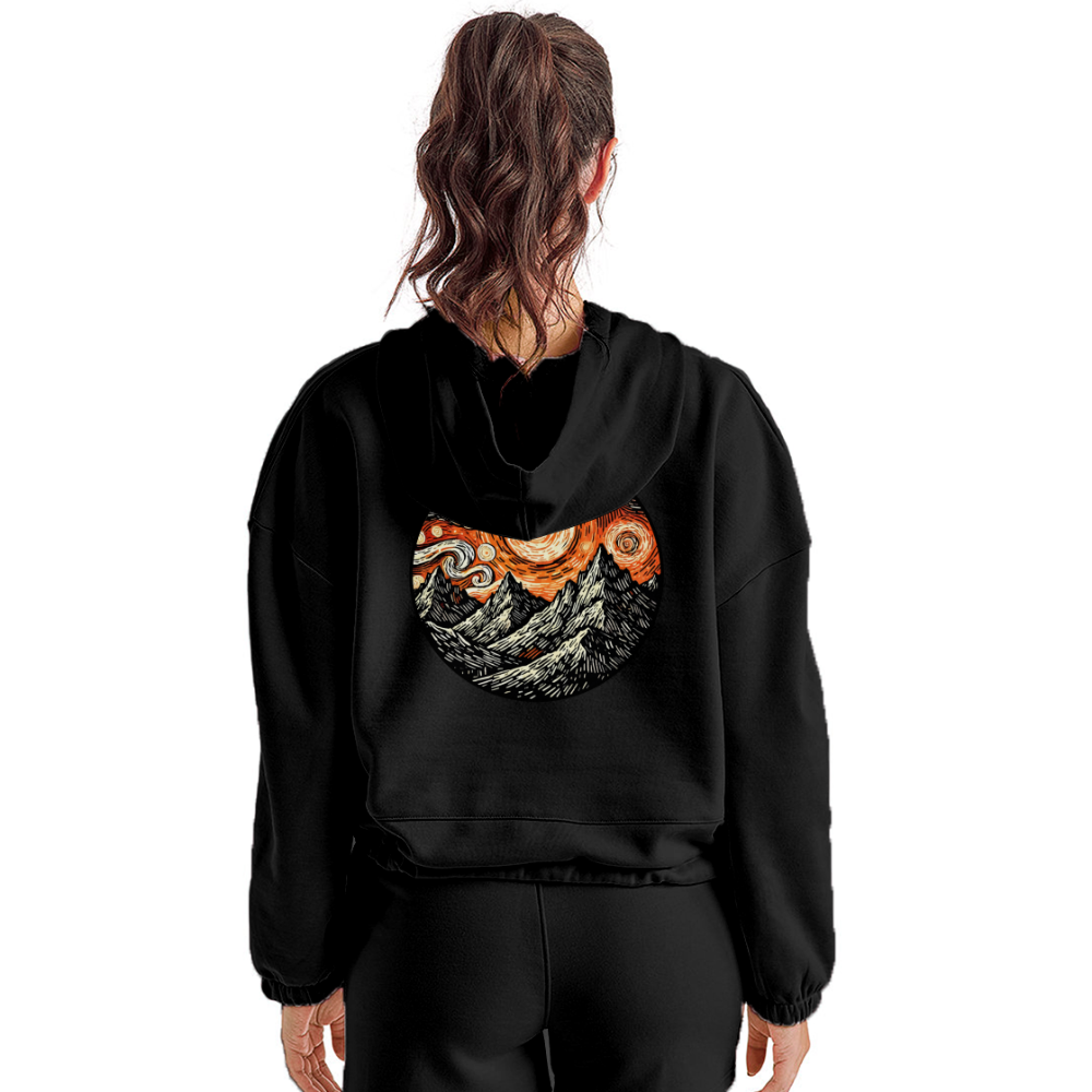 Women’s Orange Swirling Mountains Graphic Cropped Hoodie with Logo - black