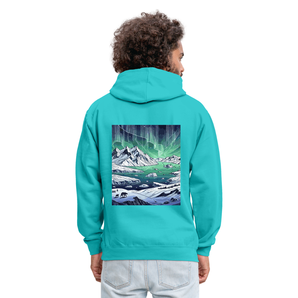 Colored Northern Lights Arctic Landscape Graphic Unisex Contrast Hoodie with Logo - scuba blue/asphalt