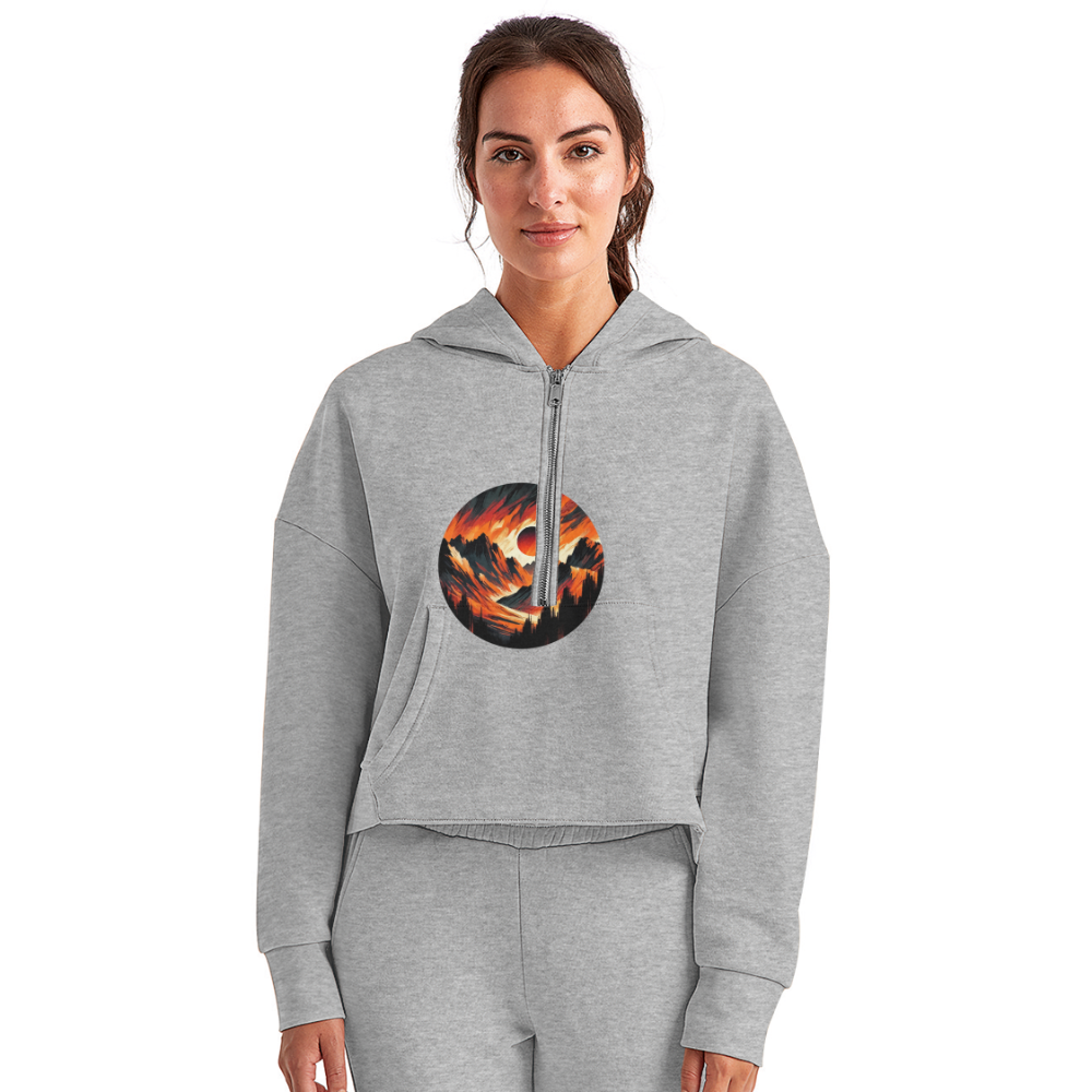 Women's Orange and Black Mountain Range Graphic Half Zip Cropped Hoodie with Logo - heather gray