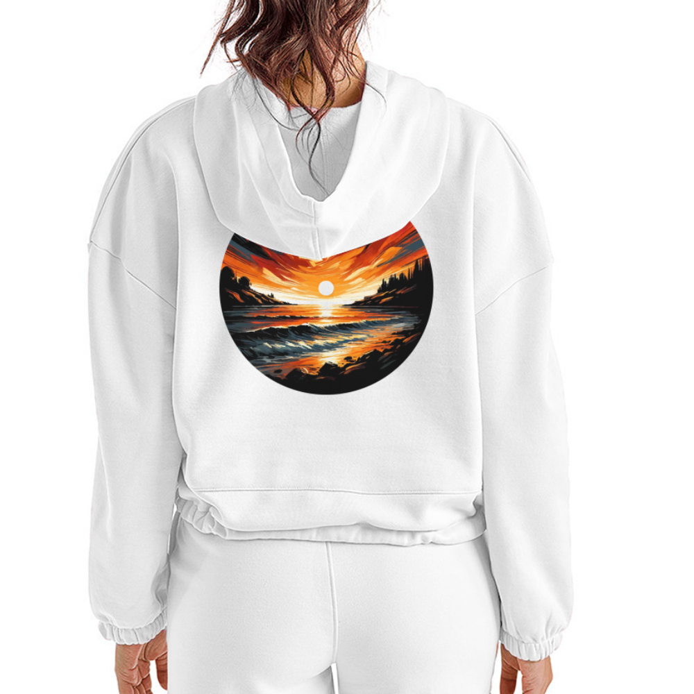 Women’s Beach Sunset Graphic Cropped Hoodie with Logo - white