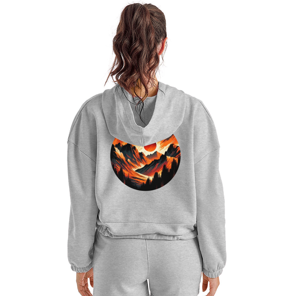 Women’s Orange and Black Mountain Range Graphic Cropped Hoodie with Logo - heather gray