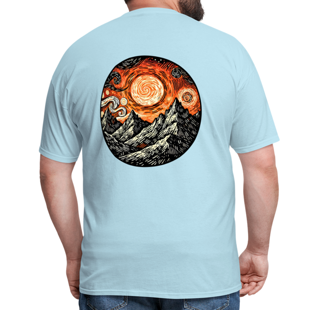 Orange Swirling Mountains Graphic Unisex Classic T-Shirt with Logo - powder blue