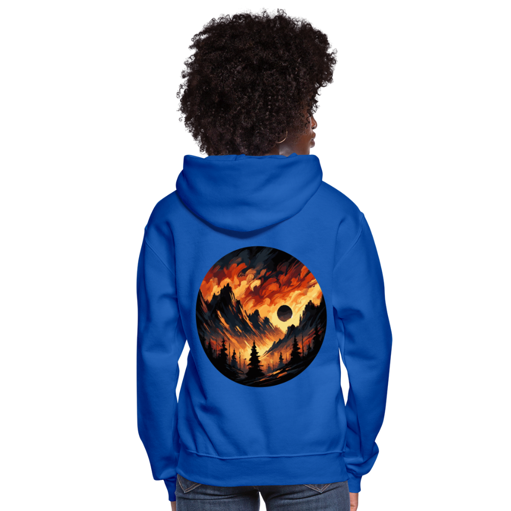 Women's Brushed Orange and Black Mountain Range Graphic Hoodie with Logo - royal blue