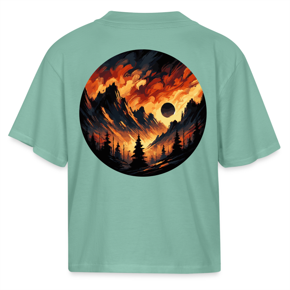 Women's Brushed Orange and Black Mountain Range Graphic Boxy Tee with Logo - saltwater