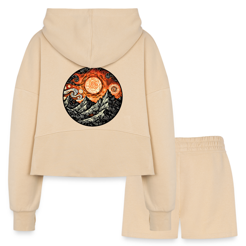 Women’s Orange Swirling Mountains Graphic Half Zip Cropped Hoodie & Jogger Short Set with Logo - nude