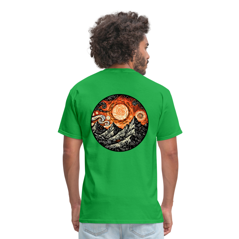 Orange Swirling Mountains Graphic Unisex Classic T-Shirt with Logo - bright green