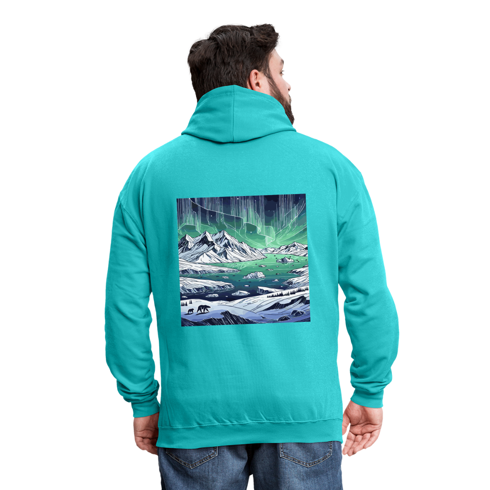 Colored Northern Lights Arctic Landscape Graphic Unisex Contrast Hoodie with Logo - scuba blue/asphalt