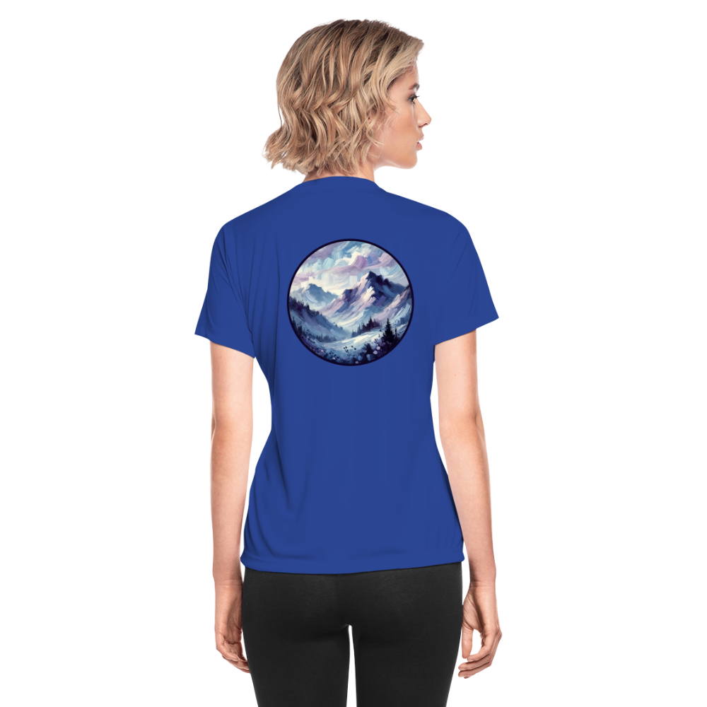 Women's Lavender Blue Mountain Range Graphic Moisture Wicking Performance T-Shirt with Logo - royal blue