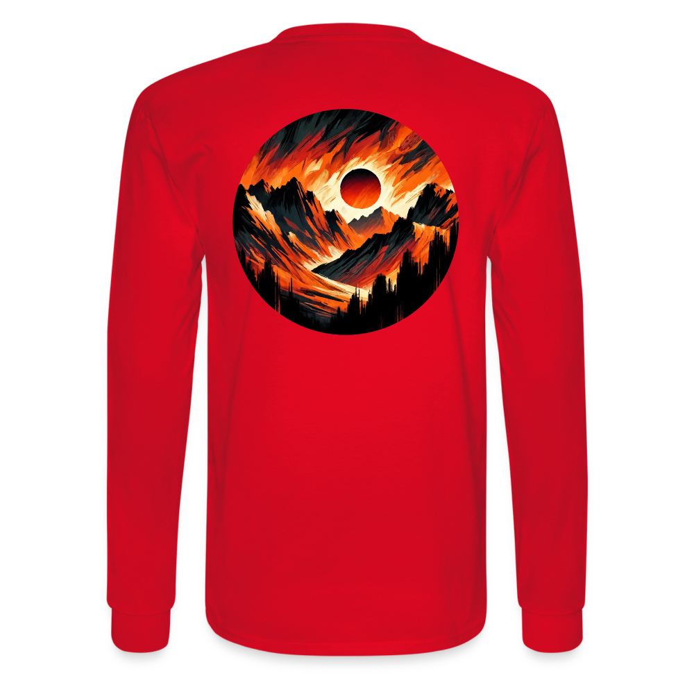 Men's Orange and Black Mountain Range Graphic Long Sleeve Shirt with Logo - red