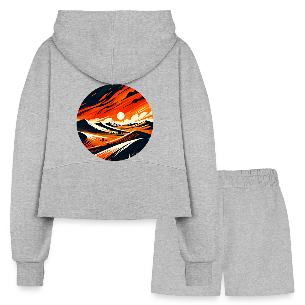 Women’s Desert Dunes Graphic Half Zip Cropped Hoodie & Jogger Short Set with Logo - heather gray