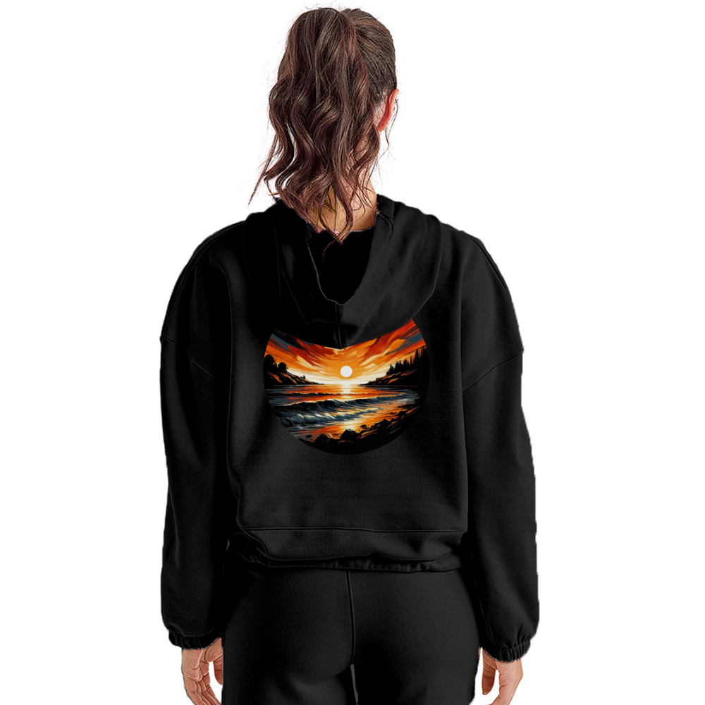 Women’s Beach Sunset Graphic Cropped Hoodie with Logo - black