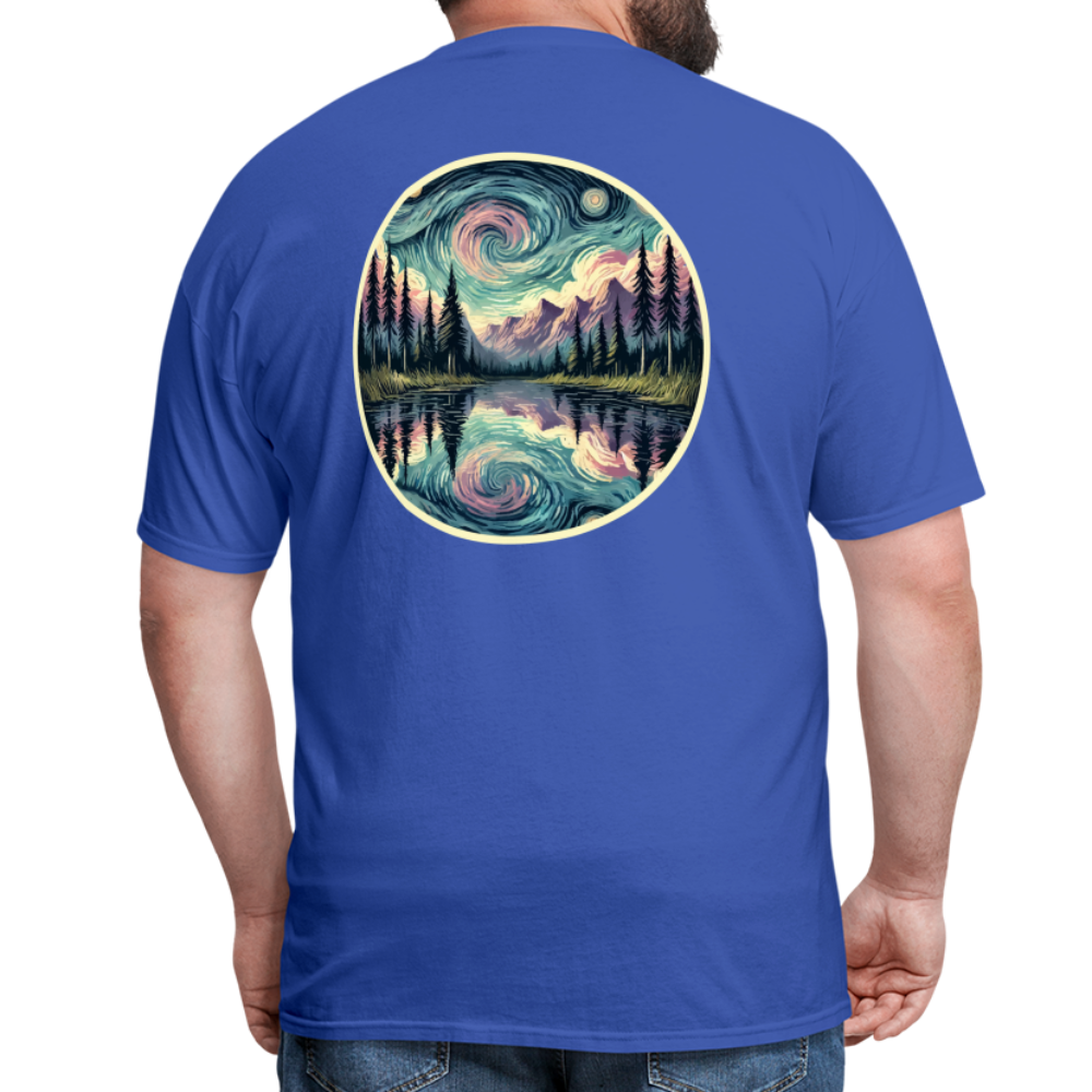 Purple Swirling Sky Reflected on Lake Graphic Unisex Classic T-Shirt with Logo - royal blue