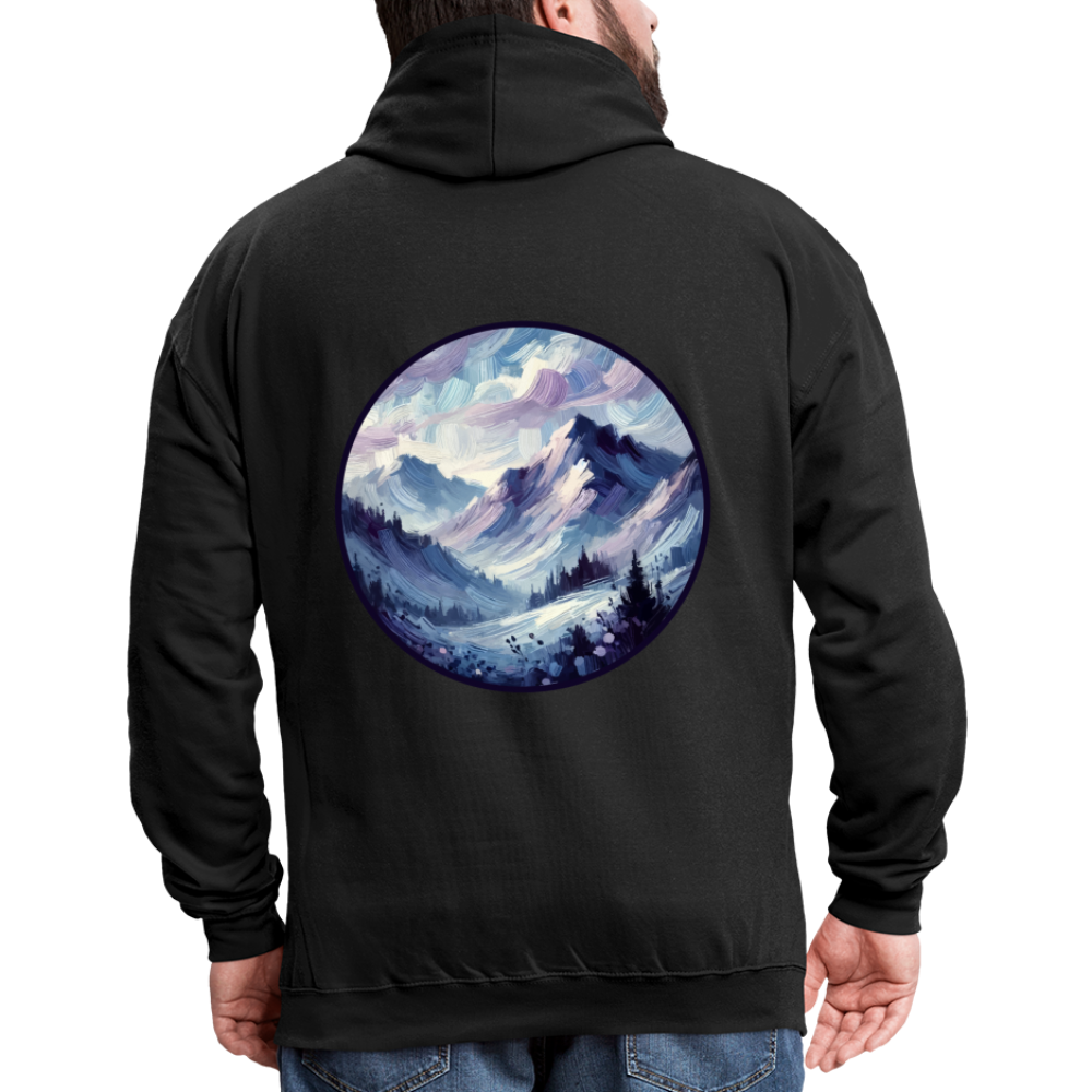 Lavender Blue Mountain Range Graphic Unisex Contrast Hoodie with Logo - black/asphalt