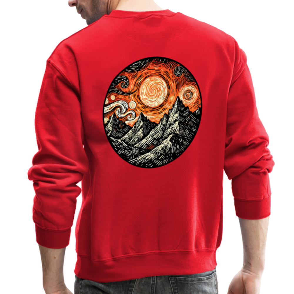 Orange Swirling Mountains Graphic Crewneck Sweatshirt with Logo - red