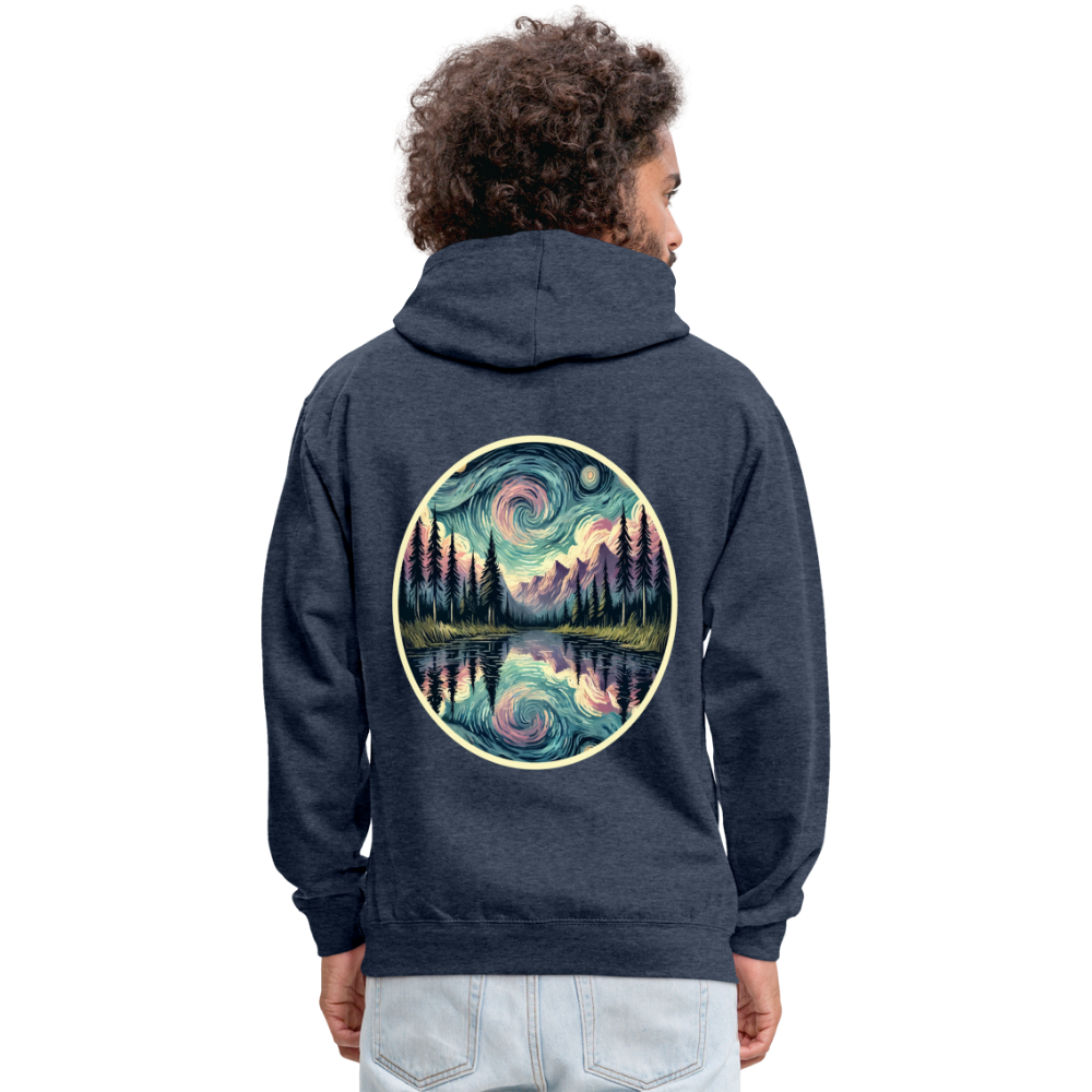 Purple Swirling Sky Reflected on Lake Graphic Unisex Contrast Hoodie with Logo - indigo heather/asphalt