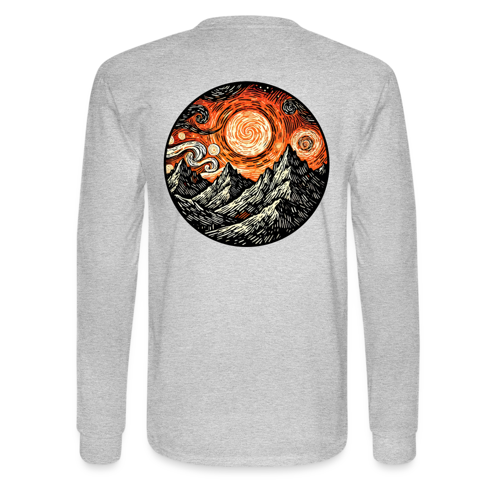 Men's Orange Swirling Mountains Graphic Long Sleeve Shirt with Logo - heather gray