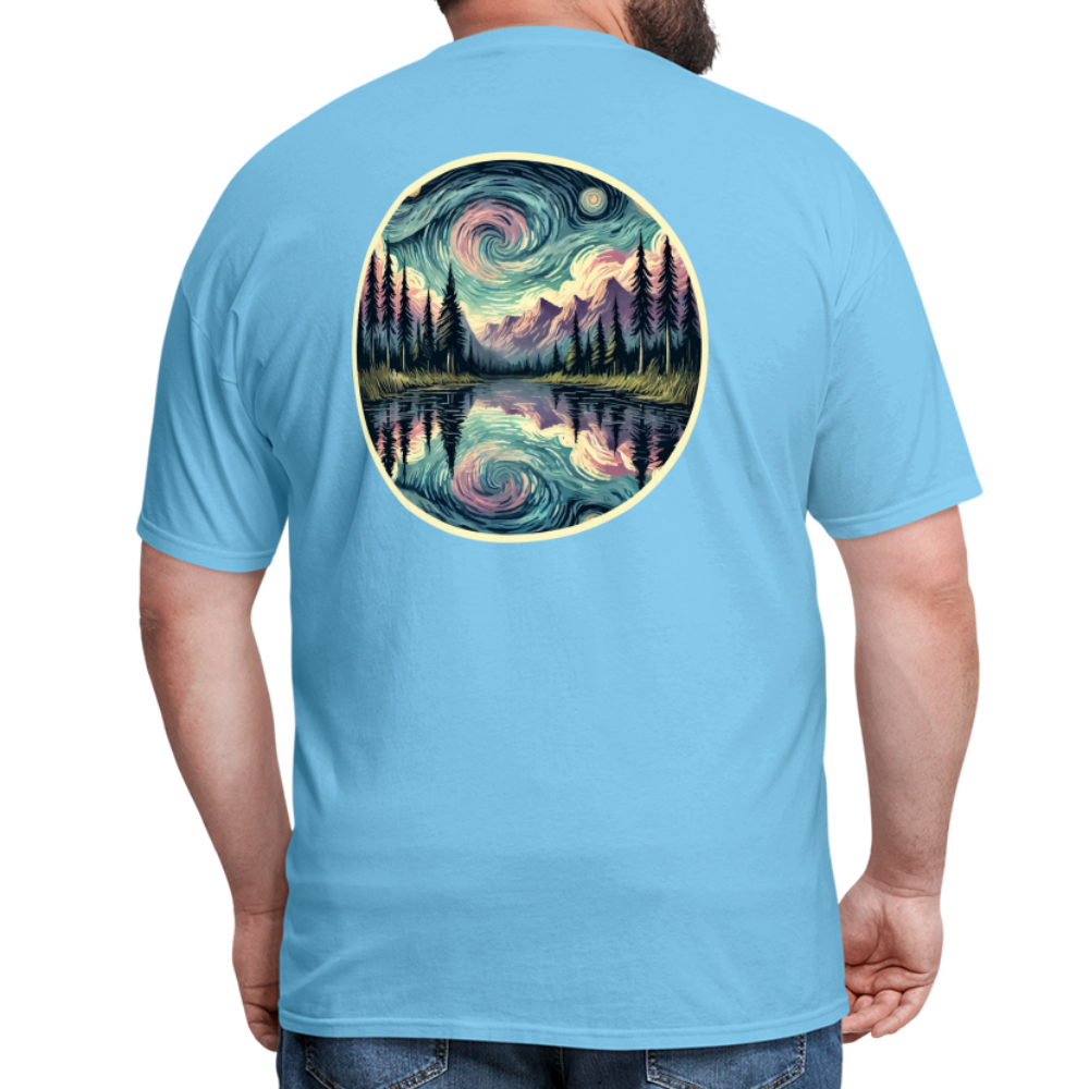 Purple Swirling Sky Reflected on Lake Graphic Unisex Classic T-Shirt with Logo - aquatic blue