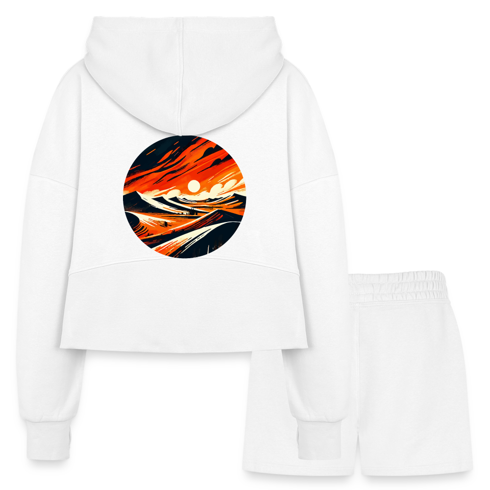 Women’s Desert Dunes Graphic Half Zip Cropped Hoodie & Jogger Short Set with Logo - white