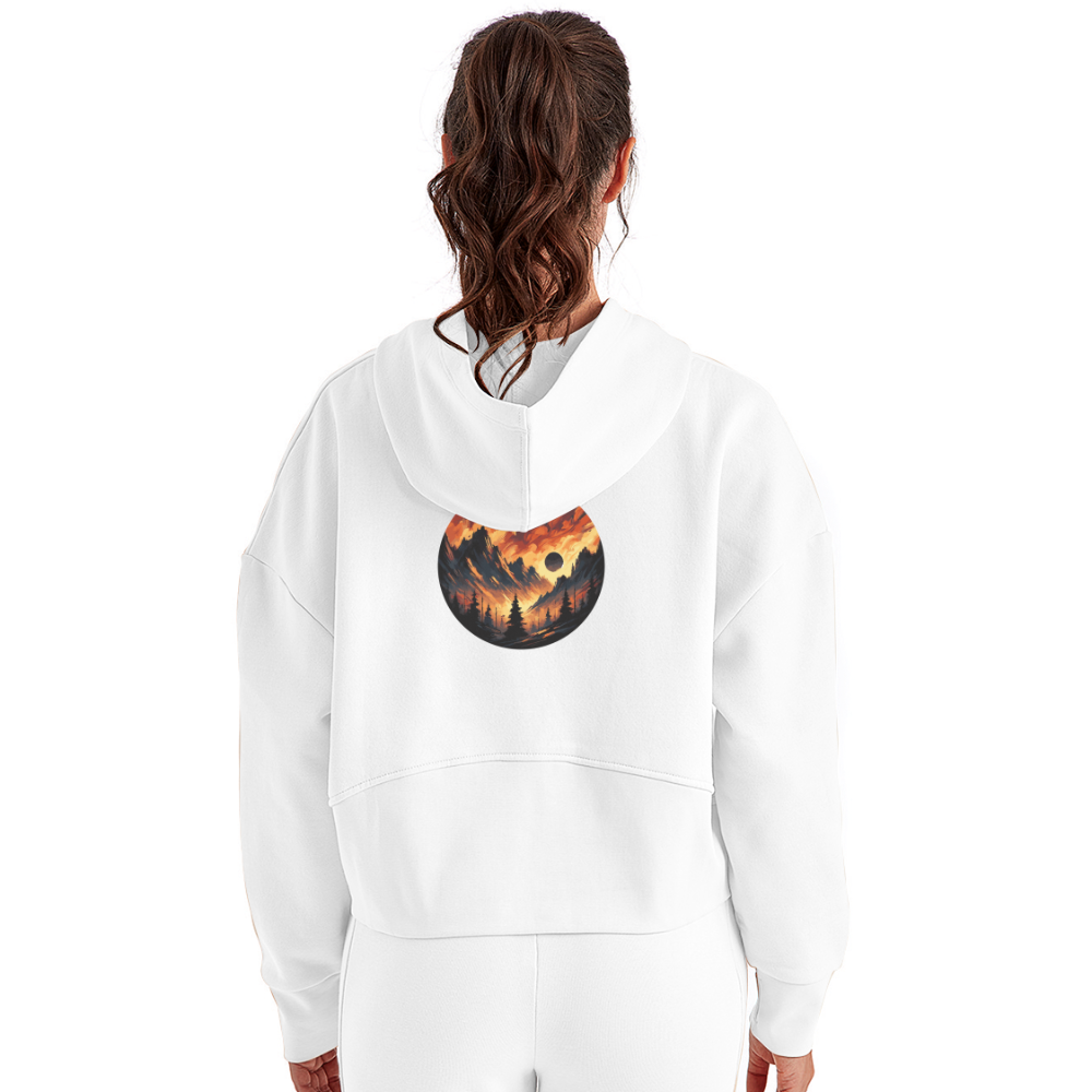 Women's Brushed Orange and Black Mountain Range Graphic Half Zip Cropped Hoodie with Logo - white