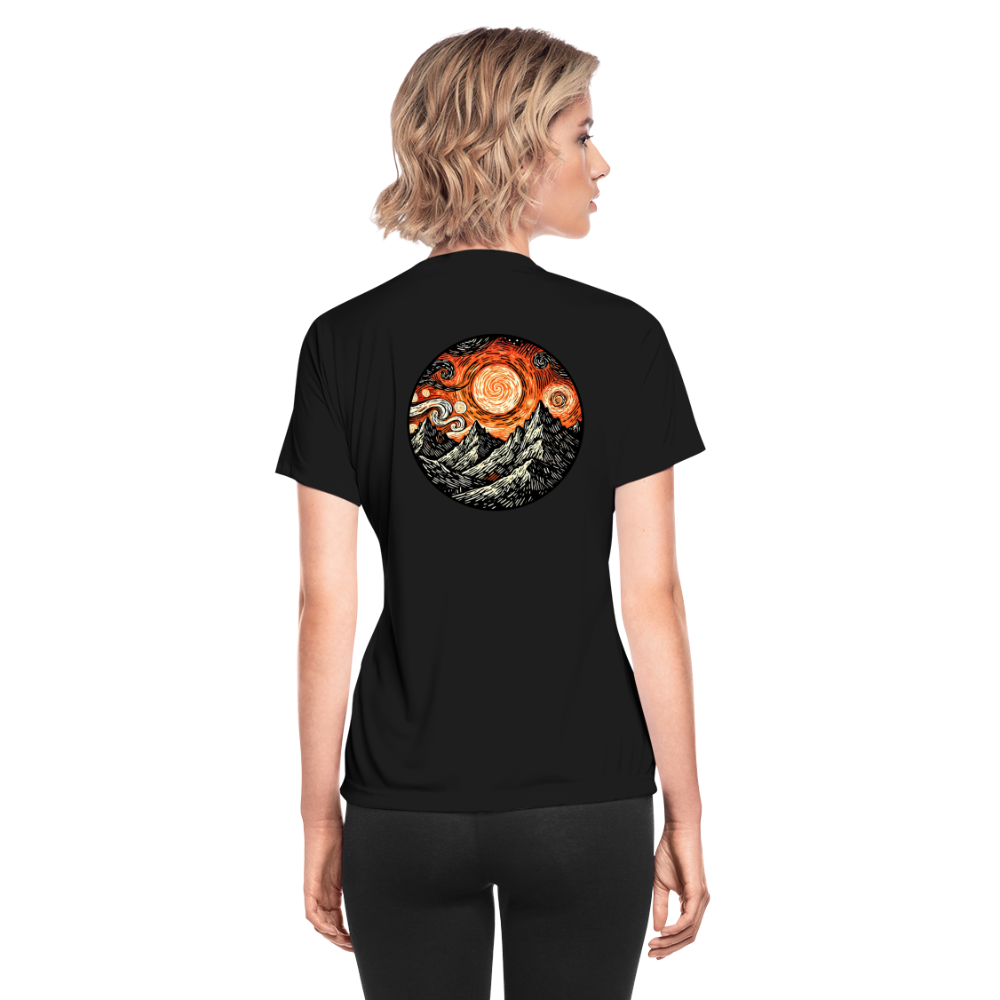 Women's Orange Swirling Mountains Graphic Moisture Wicking Performance T-Shirt with Logo - black