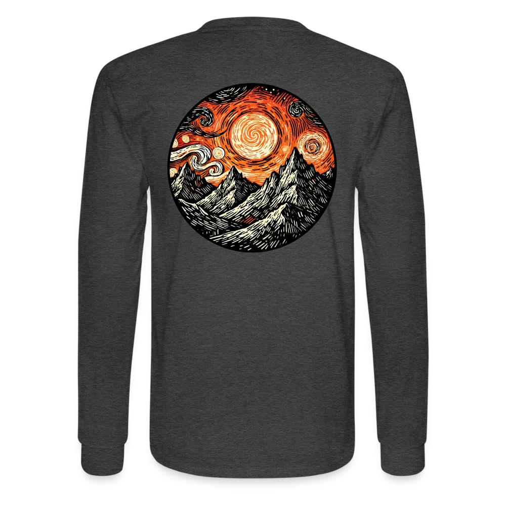 Men's Orange Swirling Mountains Graphic Long Sleeve Shirt with Logo - heather black